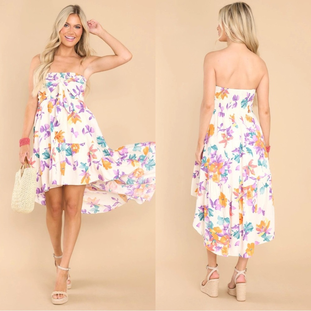 NEW Island Girl Strapless Ivory Floral Print Multicolor Dress - M